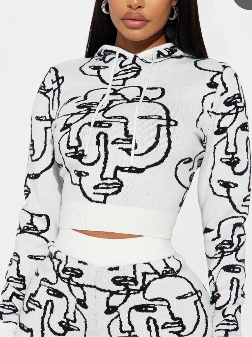 Fashion Nova White & Black Abstract Face Knit Hoodie Sweater